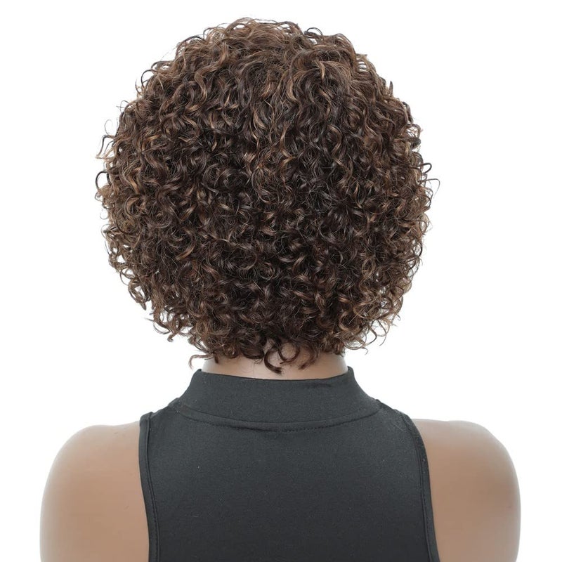 UDU Short Curly Human Hair Wigs For Black Women with Bangs Highlighted Brown Mixed Color Non Lace Glueless Piano Colored Side Part (P 4/30) - Image 5